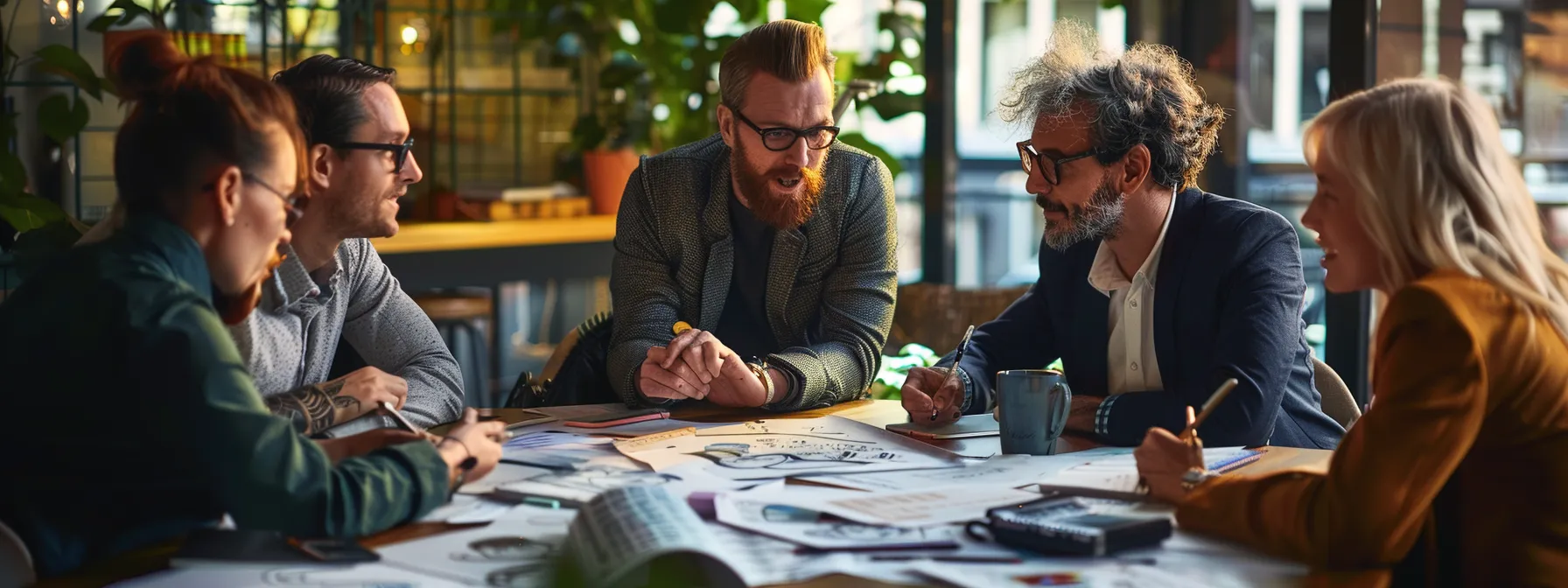 a group of business professionals engages in a focused discussion surrounded by sketches of unique tattoo designs.