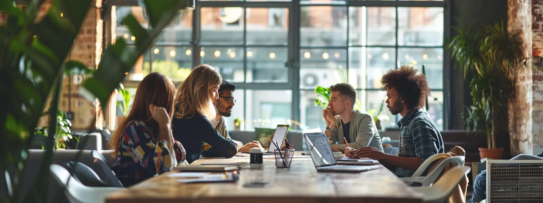 a focused team collaborates around digital platforms, strategizing to enhance business growth through answer engine optimization.