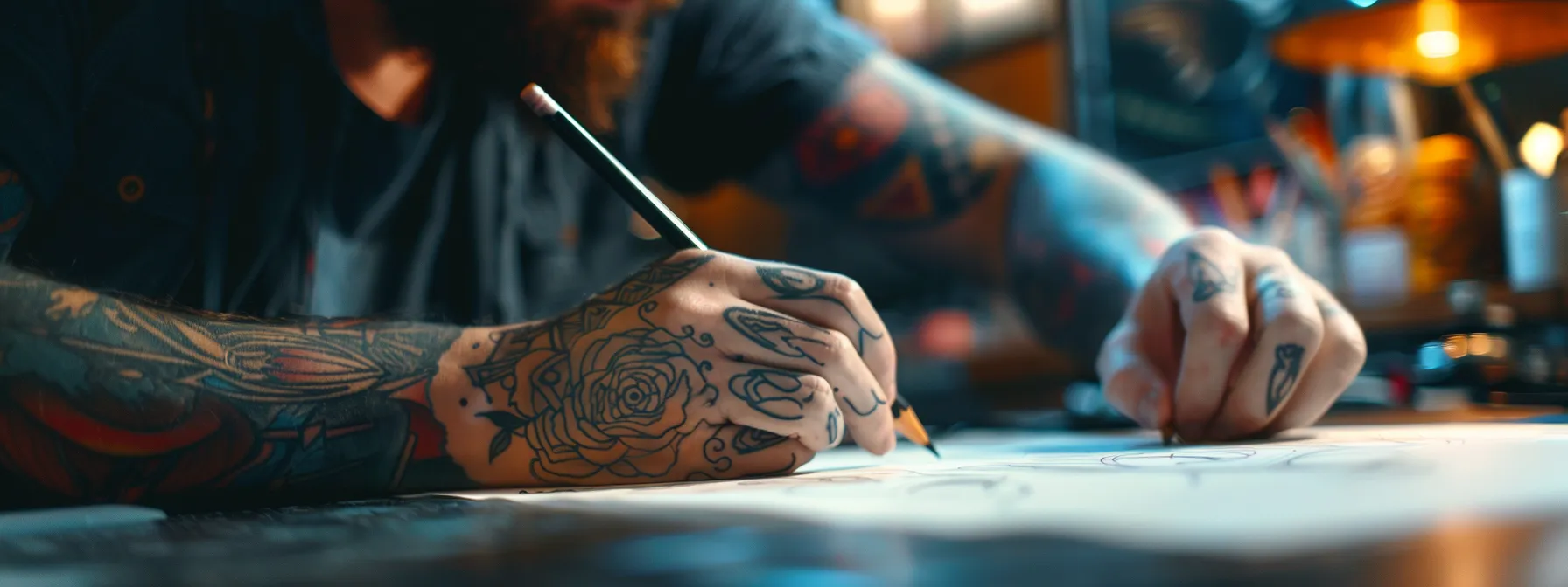 a vibrant tattoo artist expertly sketches intricate designs, embodying individuality and creativity.