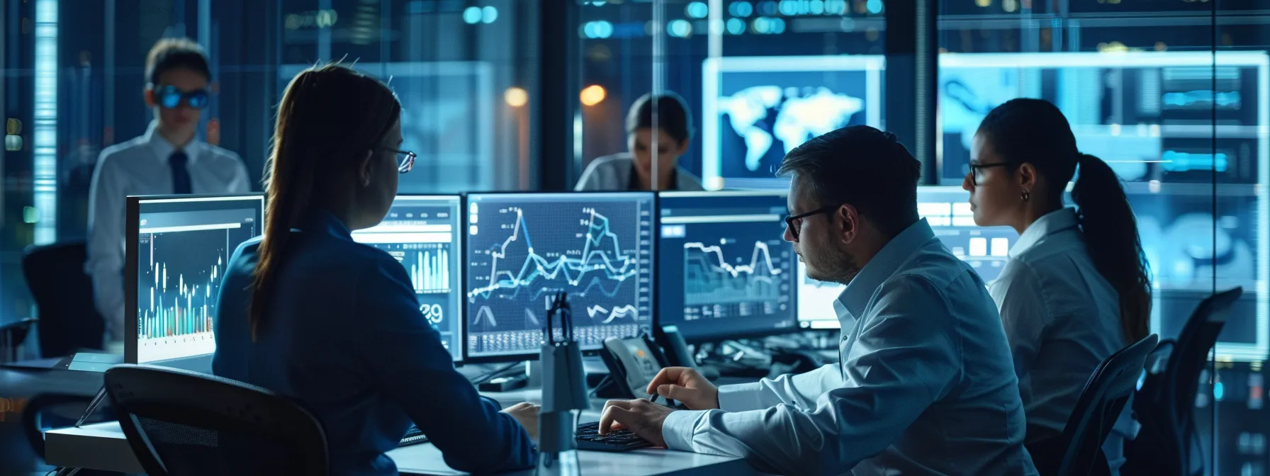 a professional business team is analyzing data on a computer screen while anchored to their desks.