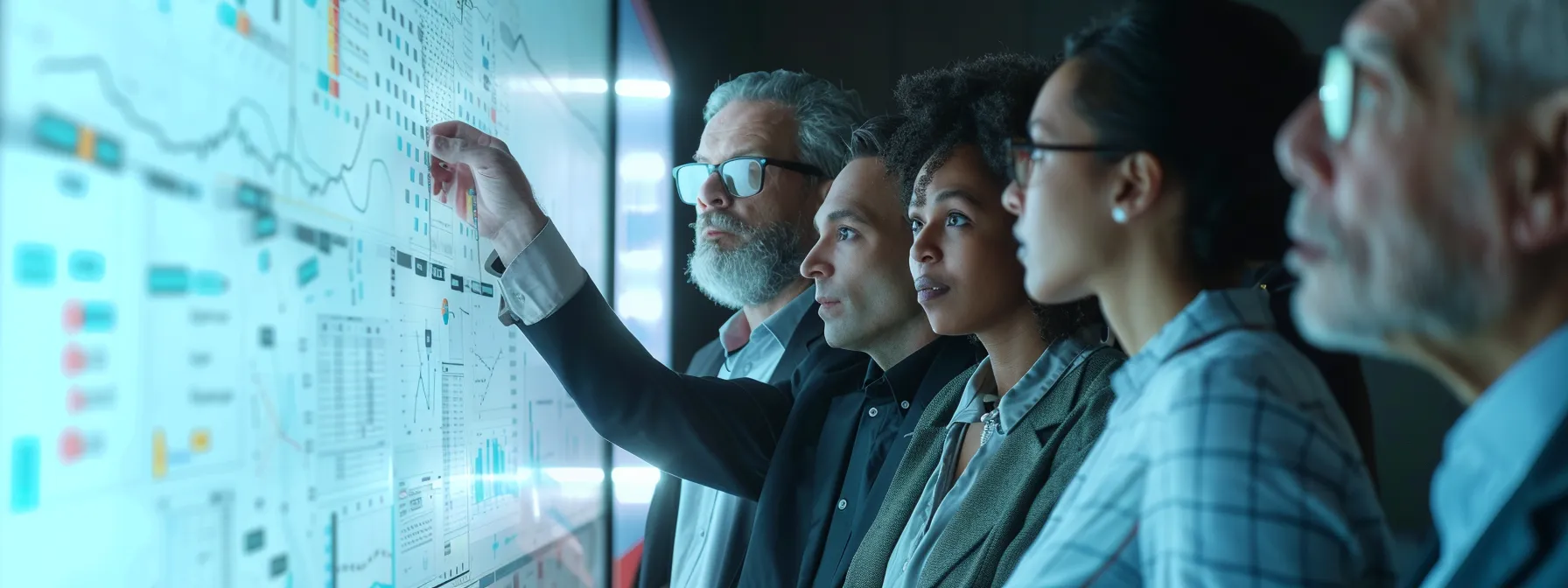 a group of business professionals engages in a focused discussion around a whiteboard filled with analytics and strategies.
