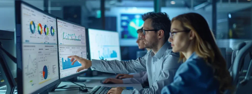a professional team analyzing data on computer monitors in a modern office setting.