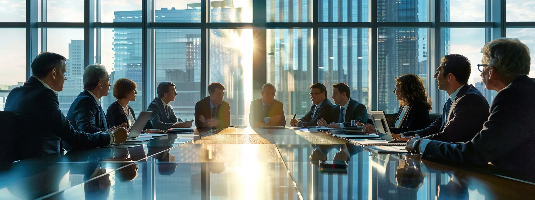 a group of professionals in a boardroom discussing the benefits of enterprise search software over traditional search engines for their organization.