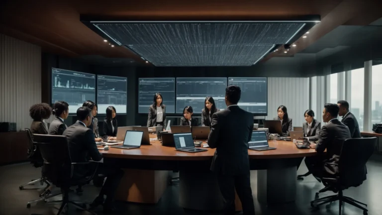 a diverse group of professionals collaborates around a conference table, with laptops and digital charts on display.