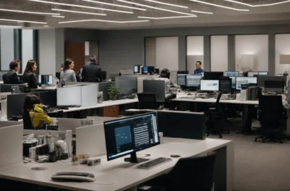 a modern office filled with computers and professionals in raleigh discussing strategies around a large screen.