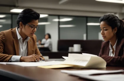 two individuals engage intently in conversation across a table in an office setting, with legal documents scattered around.